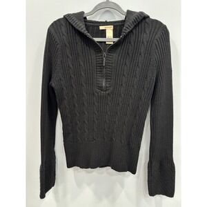 DKNY Jeans Large Cable Knit Hooded Sweater Black Quarter Zip Pullover Logo